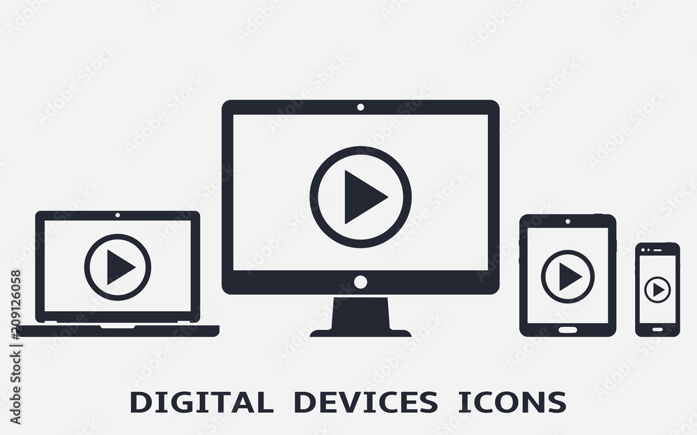 Poster device icons: smart phone, tablet, laptop and desktop computer with play button on screen. vector il