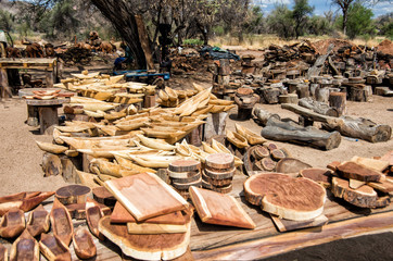 Wooden boats and other items at local wood craft market in Namibia, Southern Africa