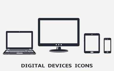 Device icons set: smart phone, tablet, laptop and computer monitor. Vector illustration of responsive web design.