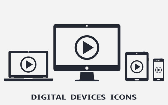 Device icons: smart phone, tablet, laptop and desktop computer with play button on screen. Vector illustration of responsive web design.