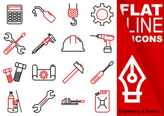 Editable stroke. Simple Set of Engineering and Repairs vector flat line Icons - calculator, oil, crane, sprocket, screwdriver, spanner, sliding gauge, helmet, drill, screw, drawing