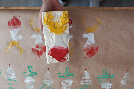 Xmas printmaking with lino stamp