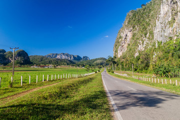 Road in Vinales valley between mogotes, Cuba