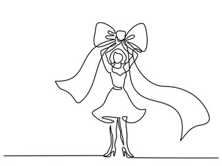 Continuous line drawing. Beautiful woman with big bow knot. Vector illustration. Concept for logo, card, banner, poster, flyer