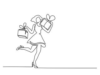 Continuous line drawing. Beautiful woman with big box gift. Vector illustration. Concept for logo, card, banner, poster, flyer