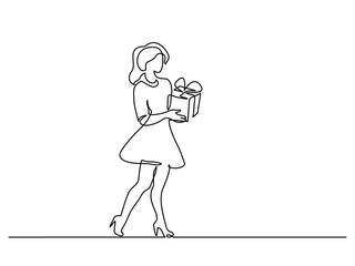 Continuous line drawing. Beautiful woman with box gift. Vector illustration. Concept for logo, card, banner, poster, flyer