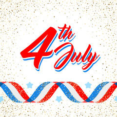 American Independence day poster template, 4th July background. Golden glitter confetti and ribbon flag with stars