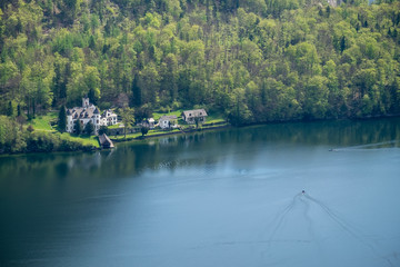 Fototapeta premium Aerial View village in hallstatt city background mountain Alps