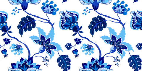 Seamless pattern with fantasy flowers. Whimsical floral colorful Jacobean traditional style on a white background.. © LilaloveDesign