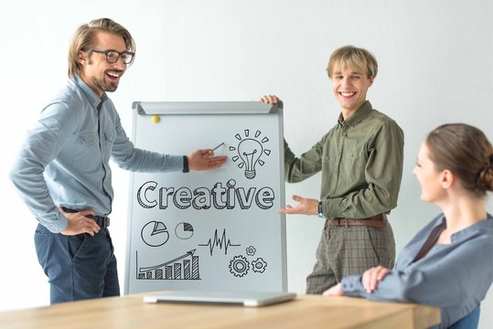 Laughing businessmen showing creative inscription and business signs on flipchat to businesswoman
