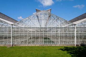 Fototapeta na wymiar Frontal view of a greenhouse in the Netherlands. Have a look inside the greenhouse.