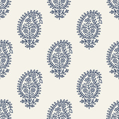 Indigo dye woodblock printed seamless paisley pattern. Traditional oriental ethnic ornament of India, navy blue on ecru background. Textile design. - 209132261