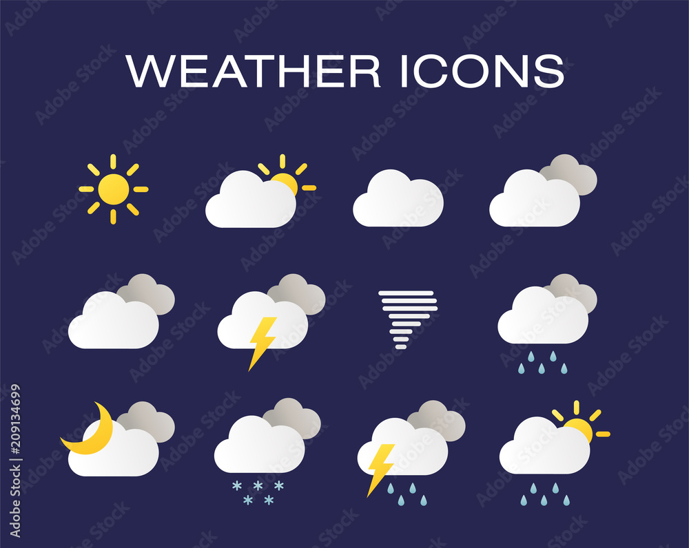 Wall mural complete set of modern realistic weather icons. modern weather icons set. flat vector symbols on dar