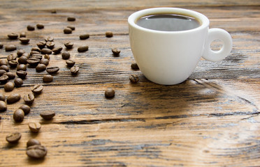 beans coffee cup grains wooden vintage background hot drink