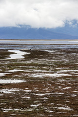 Low water level landscape at Lake Kerkini, Greece with low clouds and a mountain range in the background