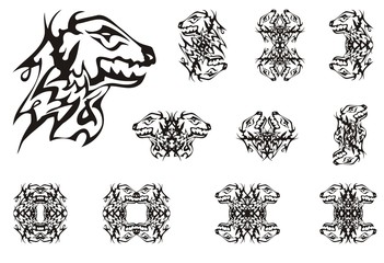 Abstract young dragon head symbols. Tribal double symbols of the dragon head and frames in black and white option for your design