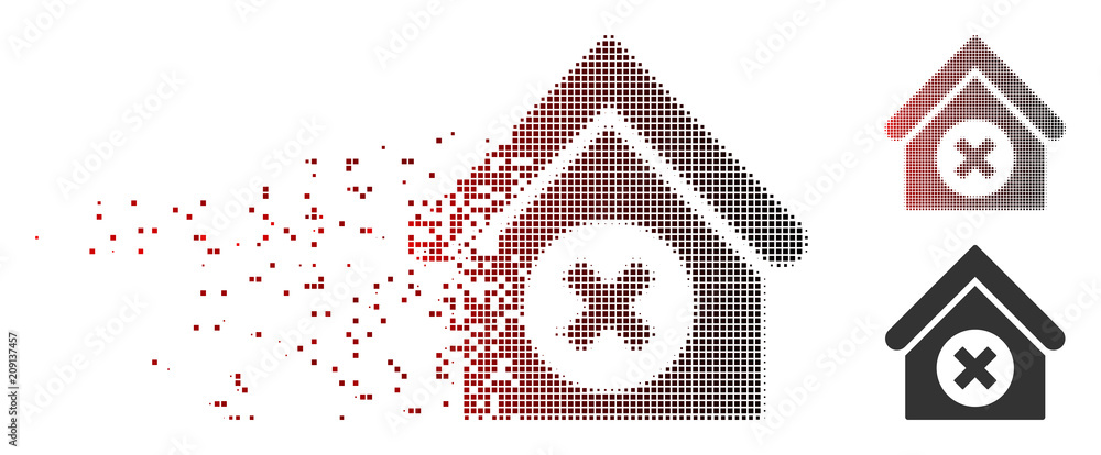 Poster vector delete building icon in sparkle, dotted halftone and undamaged entire variants. disappearing 