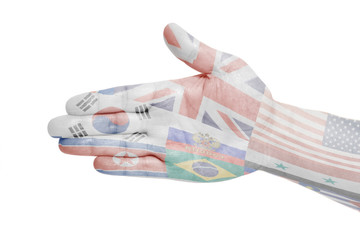 Man hand sign with Flags all countries of world