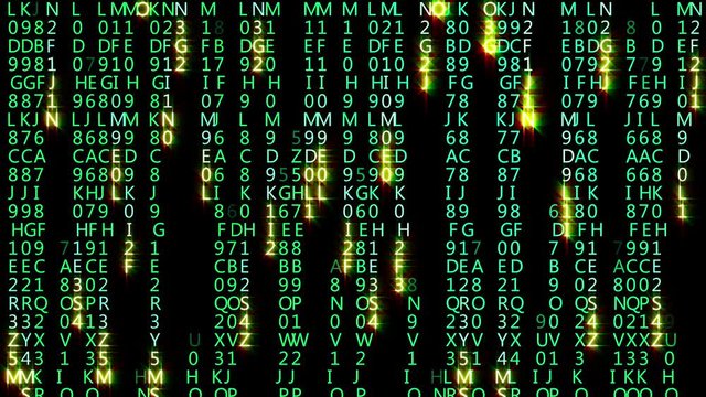 Blocks of abstract program matrix code are written and moved in the virtual space. Code on a black background. Looped 