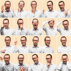 Middle age man, different emotions collage over yellow background