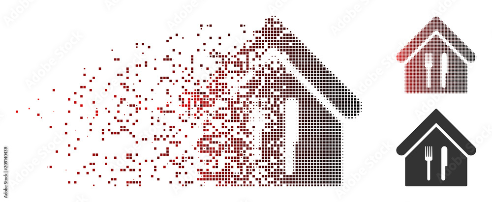 Poster vector restaurant icon in dissolved, pixelated halftone and undamaged whole versions. disappearing e