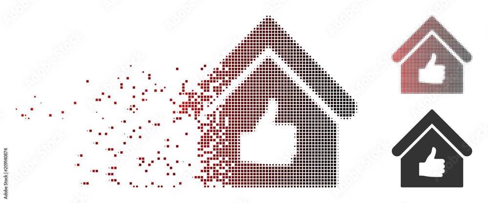 Poster vector thumb up building icon in sparkle, dotted halftone and undamaged entire versions. disintegrat