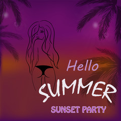 vector picture beach party with text hello summer at sunset