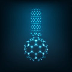 Nanoscience, nanotechnology concept with carbon nanotube, buckyball fullerene and word nano in shape of chemical beaker.