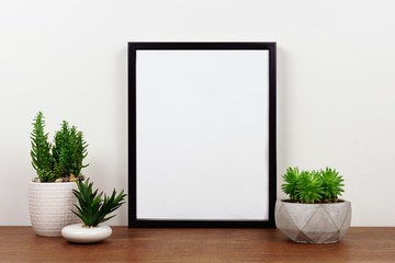 Fototapeta na wymiar Mock up black frame with succulent plants on a shelf or desk. Wood shelf and white wall. Portrait frame orientation.