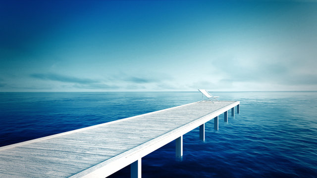 Fototapeta white lounger & Wooden pier on the tropical beach with blue sea and sky / 3D render perspective