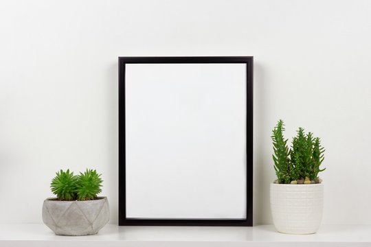 Mock up black frame and succulent plants in pot on a shelf or desk. White shelf and wall. Portrait frame orientation.