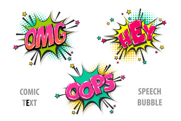 Set comic text speech bubble hey omg oops - obrazy, fototapety, plakaty