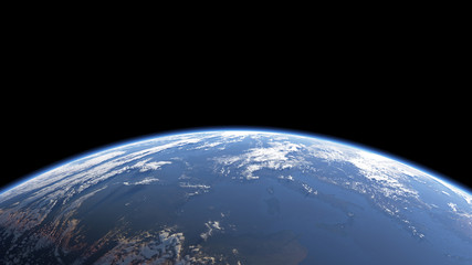 Earth view from space or spacestation in low orbit with clouds and atmosphere, 3D Rendering - obrazy, fototapety, plakaty