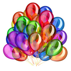 3d illustration of colorful party balloons glossy. Birthday decoration multicolor, helium balloon bunch different colors