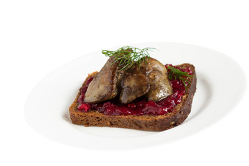Sandwich with liver and cranberry sauce on a white background.