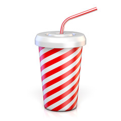 Red striped paper glass with drinking straw 3D