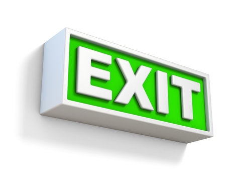 Green EXIT sign on white wall 3D