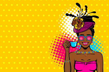 Black afro woman pop art drink tea