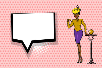 Black afro woman pop art drink tea