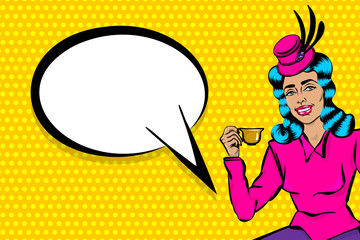 White elegance woman pop art drink coffee