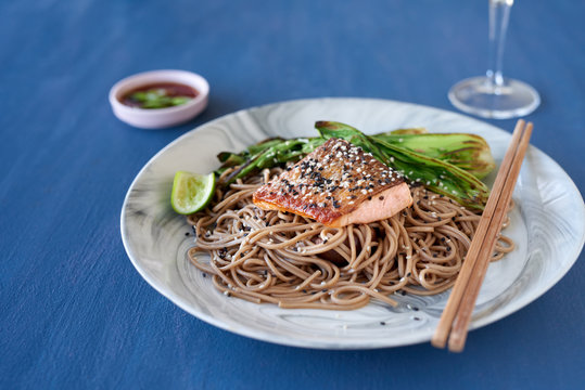 Healthy lunch meal with seared salmon