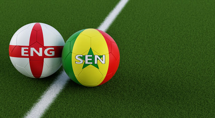 England vs. Senegal Soccer Match - Soccer balls in Englands and Senegals national colors on a soccer field. Copy space on the right side - 3D Rendering 