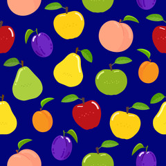 Seamless fruit pattern on blue background