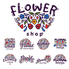 Bright badge for flower shop decorative hand drawn frame template for floral business nature banner vector illustration.