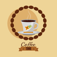 coffee time cup and seeds shaped circle vector illustration