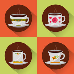 coffee time set of cups delicate flower ornament vector illustration
