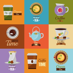 coffee and tea time set teapot coffee maker cups vector illustration