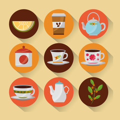 coffee and tea time set teapot coffee maker cups vector illustration