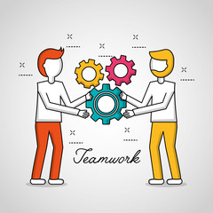 people teamwork boys holding gears tools cooperation vector illustration