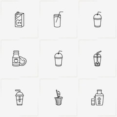 Juice line icon set with apple juice box, tomato juice  and juicer